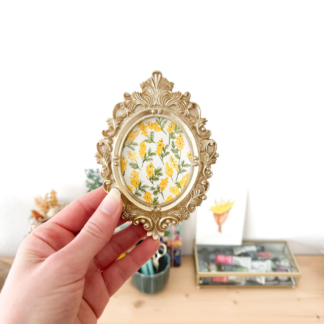Aquarelle originale - Cadre doré miniature Motif Mimosa 