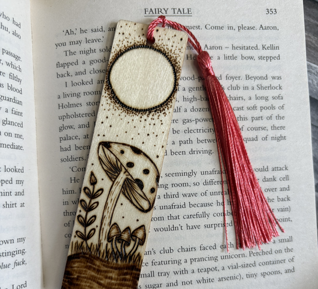 Mushroom and moon design bookmark. Pyrography. Handburnt. 