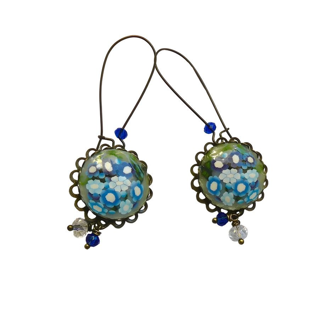 Boucles d'oreilles pendantes fleurs bleues