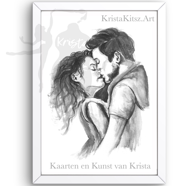Romantisch stel kussend , zwart wit , mooie print op papier. Aquarel van Krista Kitsz 