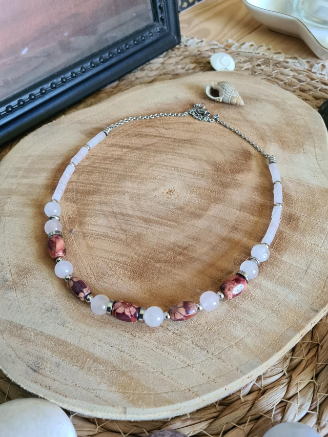 Collier Bois et Quartz Rose