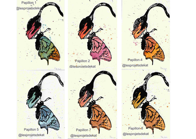 Fleur et papillon - Linogravure & Aquarelle
