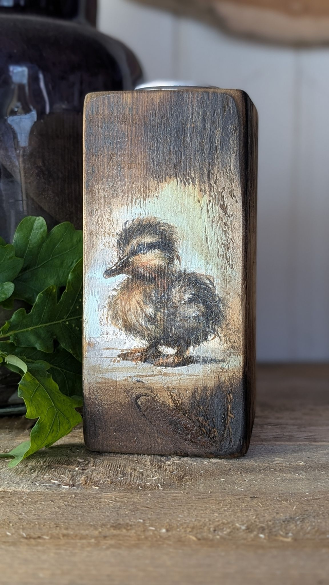 Duckling on fluff patrol - Tealight Holder Reclaimed Wood