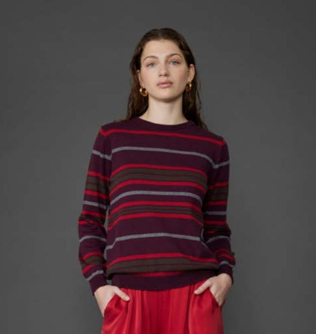 Red Stripe Fine Cotton Cashmere Crew Neck Sweater