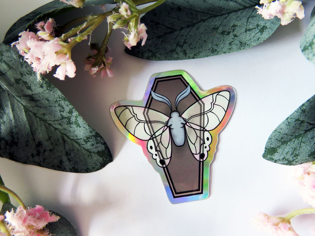 Moth on Coffin Holographic Sticker
