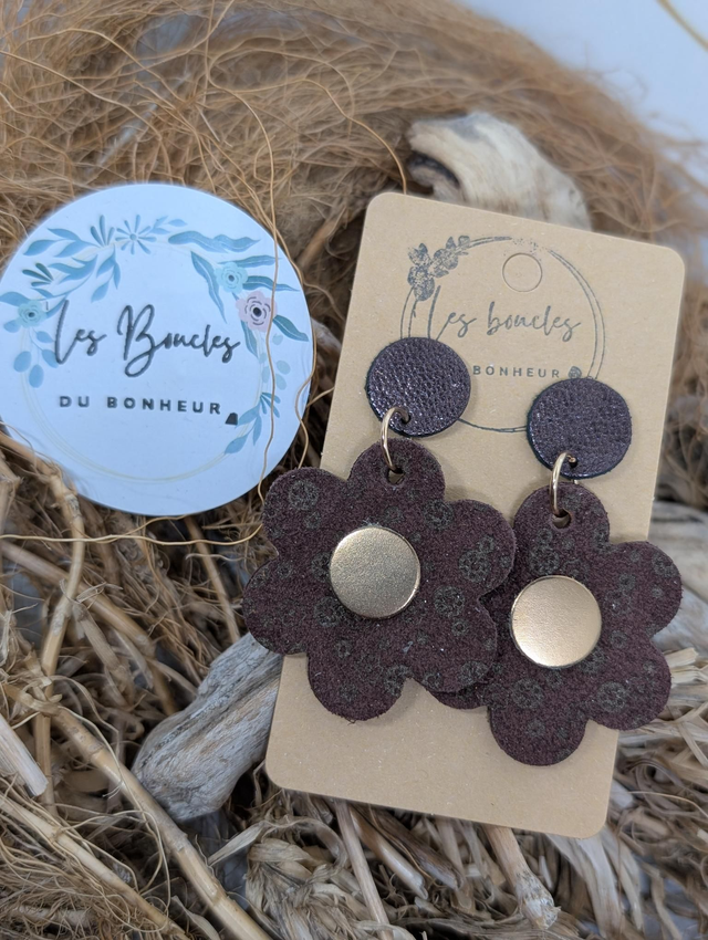 Boucles d&#039;oreilles fleur rétro m1137 marron nubuck bronze 