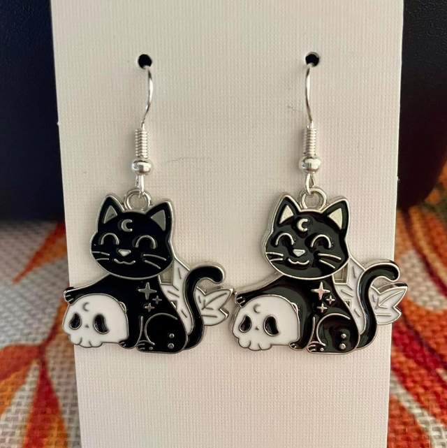 Enamel Cat &amp; Skull earrings silver plated ear hooks
