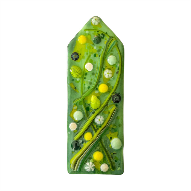 Tealight Tall modern with a sparkly green background and tones of green and blue dots (Ref TLST3)