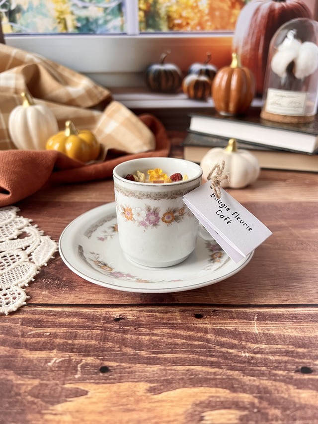 🍁 Bougie Café - tasse à café "fleurs d'automne" avec sous-tasse