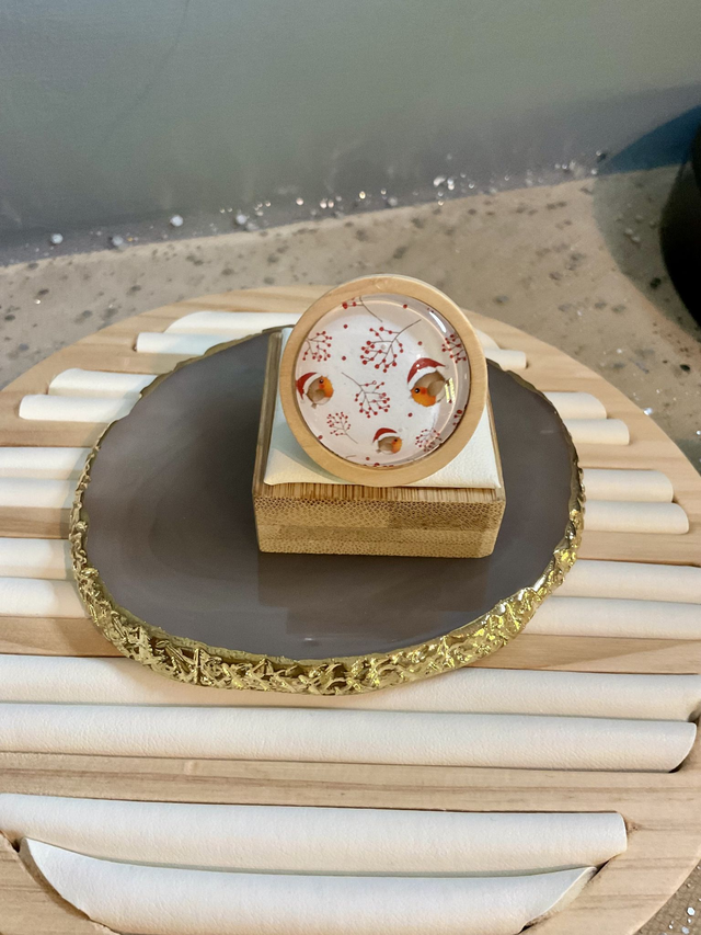 Handmade brooch with blue cute Robin design. Beautiful Christmas gift.