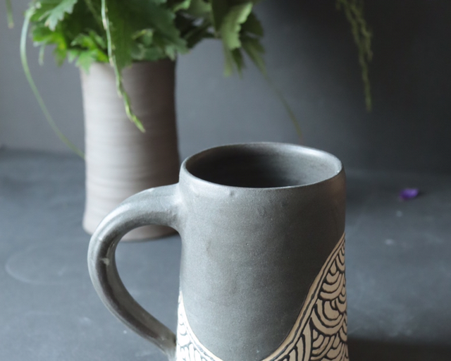XL half liter Matt Black Large Mug with Henna Patterns, handmade stoneware, Art Piece