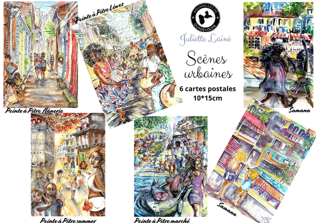 Lot 6 cartes postales aquarelle scènes urbaines