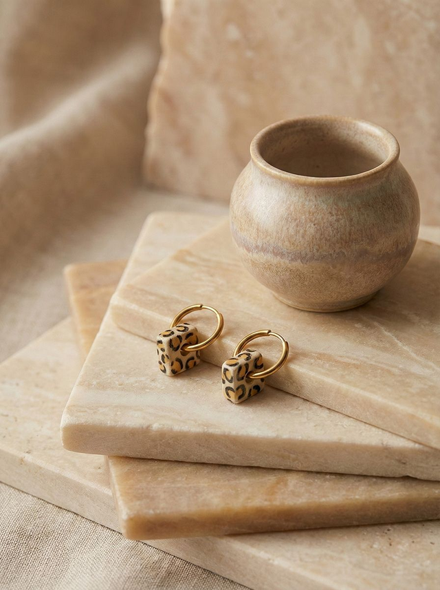 Animal Print Square Thick Hoop Earrings - Yellow/Black