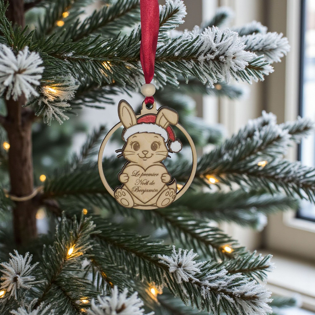 Boule de Noël en bois personnalisée - premier Noël, cadeau de naissance avec prénom, déco Lapin