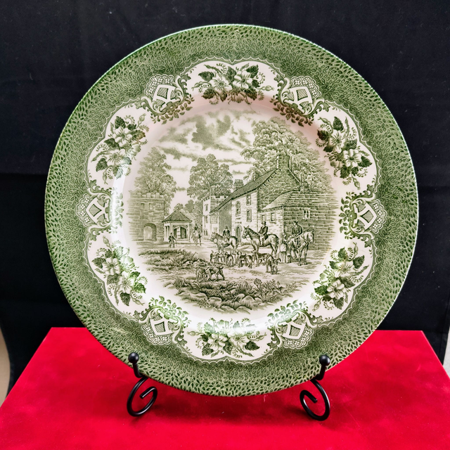 English Ironstone Tableware | Serveerschaal Vleesschaal (diameter 28,0 cm | hoogte 2,7 cm) met ‘Old Inns Series’ motief in Groen | Vintage