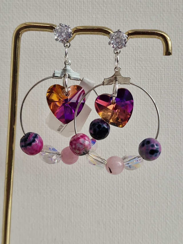 Boucles D'oreilles Acier Créoles Cœurs Cristal Agates Zirconiums