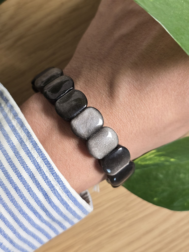 Bracelet Obsidienne argentée, perles plates (Qualité AAA)