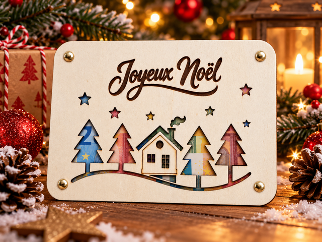 Carte porte billets en bois "Joyeux Noël maison et forêt"