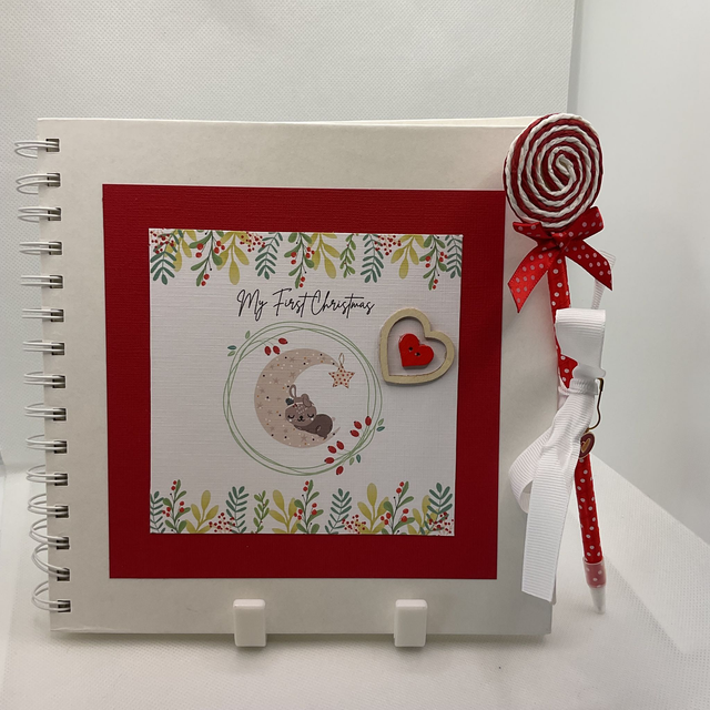 Personalised First Christmas frame and album set. Baby bear design. Red.