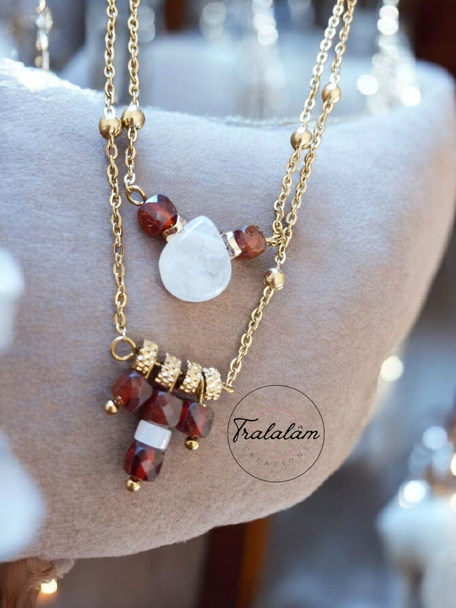 ✨ Collier 2 en 1 doré goutte quartz rose et perles grenat ✨