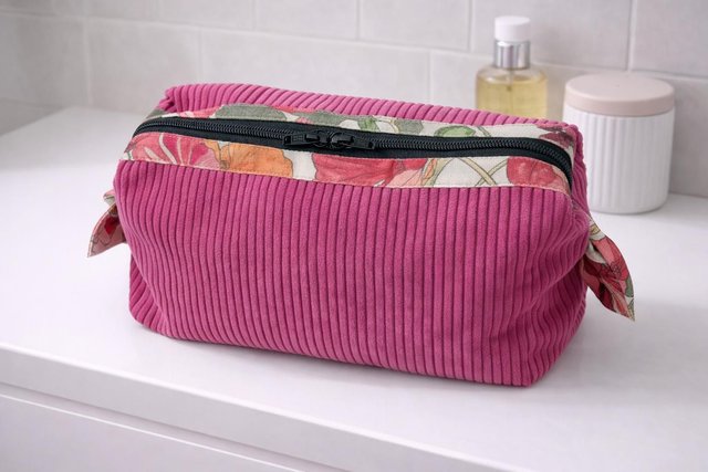 Trousse de toilette velours côtelé rose fushia 