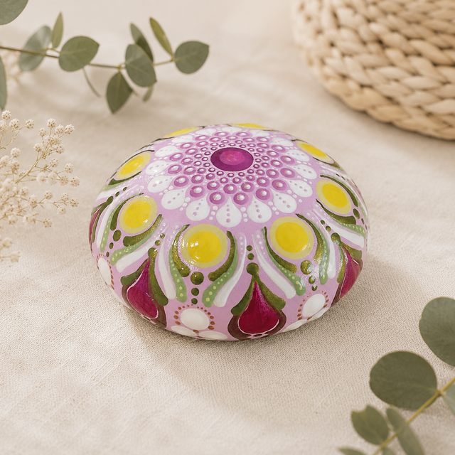 Pierre de méditation mandala rose, fuchsia &amp; vert – Peinte à la main