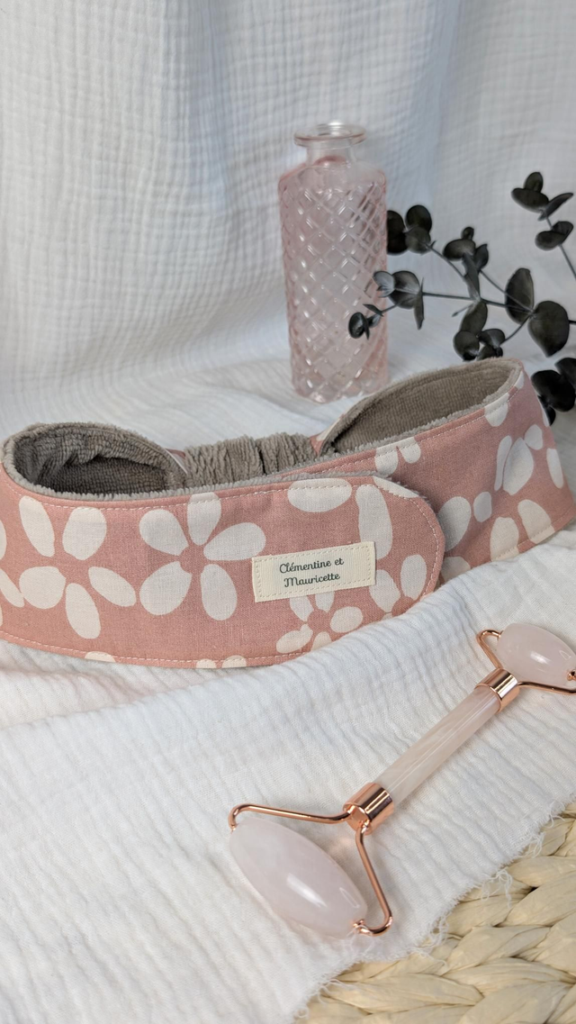 Bandeau soin visage - Collection "Vanille-Fraise" + éponge bambou "Taupe"