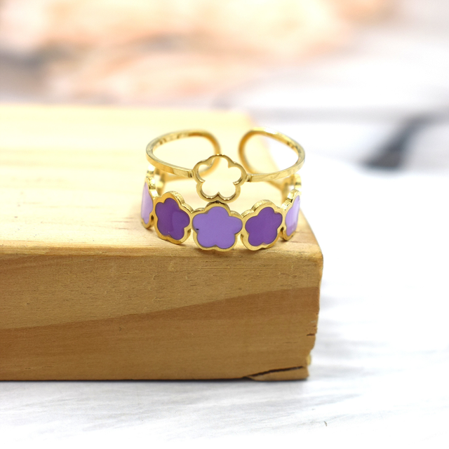 Bague trèfle émaillée double rangs réglable 