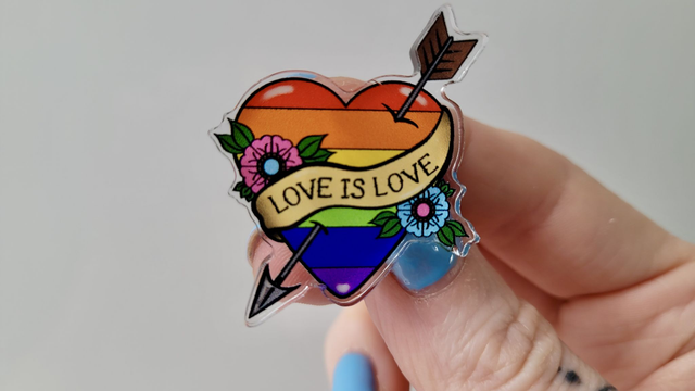 Pride LGBTQ+ Love is Love - Tattoo Heart &amp; Arrow with Scroll Acrylic Pin Badge