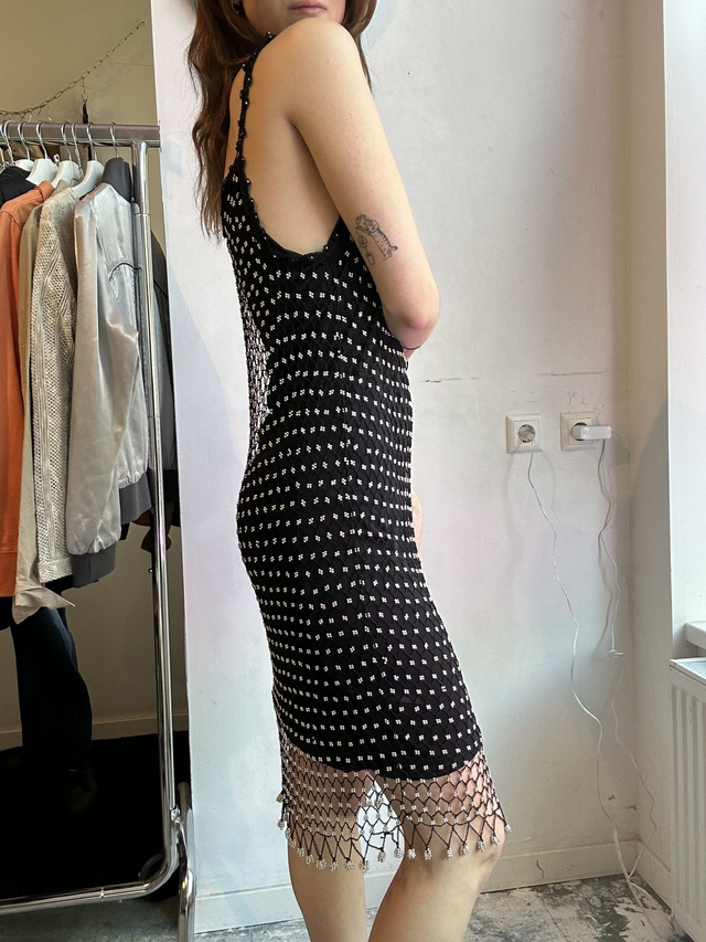 black 2 layer midi dress with silver beads