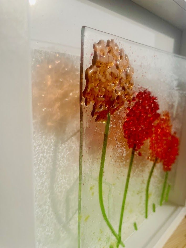 Oranje Rode Bolbloemen (Alliums) paneel 15x15 - op wit aluminium 25x25 - in wit houten dieptelijst