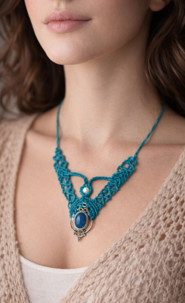 Collier artisanal en macramé turquoise – Pierre bleue sertie