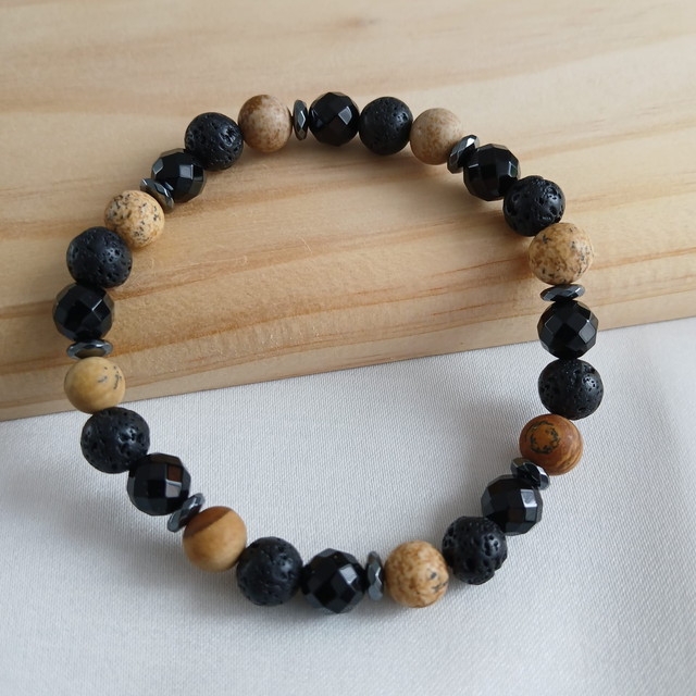 Heren armband Versteend Hout, Lavasteen en Onyx – elastisch – 19 cm (2.061)