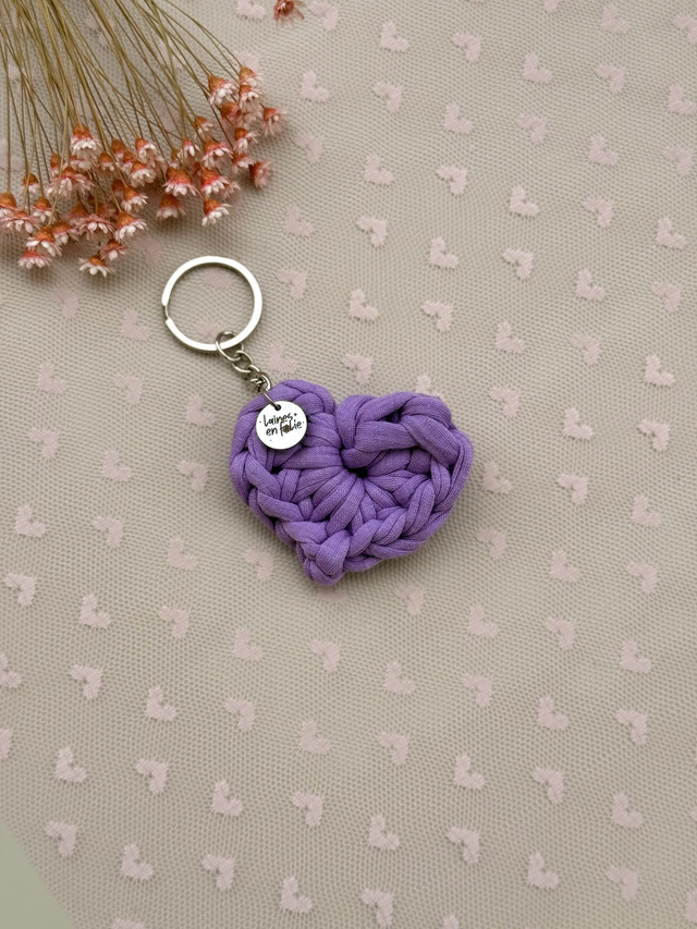 Porte-clés cœur lilas foncé en coton recyclé