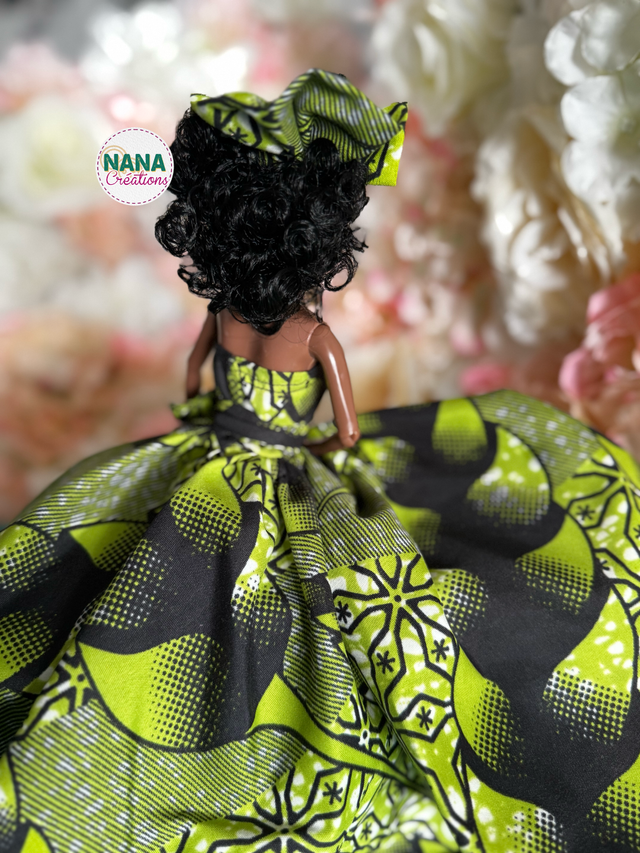 Poupée – Robe longue en Wax verte & Coiffe assortie - Fait main