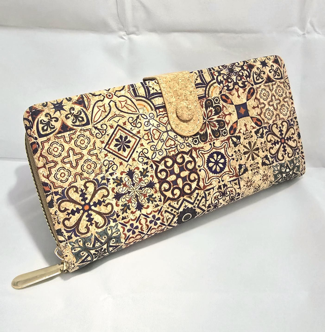 Grand porte-monnaie rect. en liège naturel et imprimé carreaux