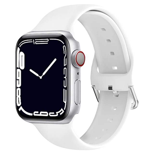 Smartwatch bianco con cinturino in silicone e base di ricarica magnetica