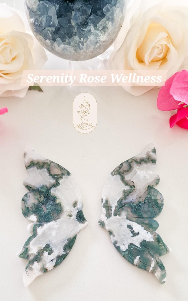 Angel Wings On Stand : Moss Agate