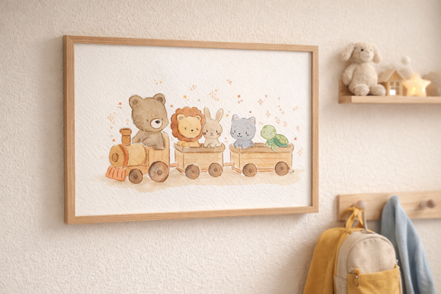 Le petit train des animaux - Aquarelle originale 21x29,7 cm