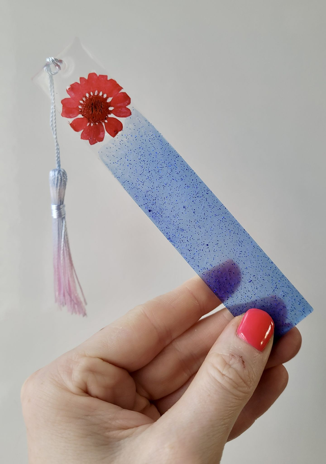 Blue Glitter Floral Bookmark - Dried Flowers