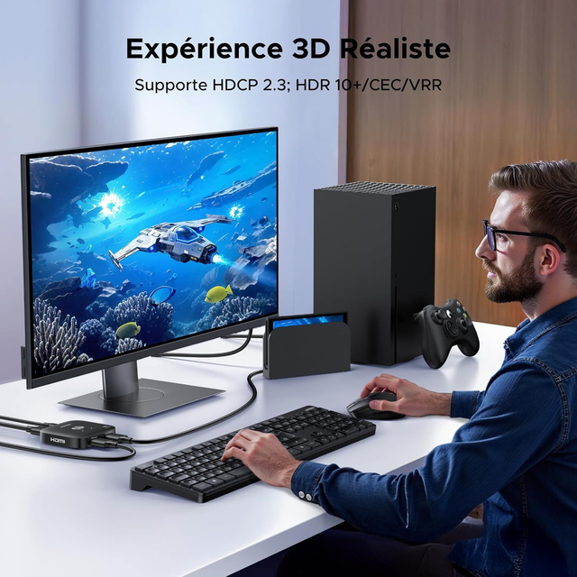 UGREEN Commutateur HDMI 8K 60Hz – Sélecteur Automatique 3 Entrées / 1 Sortie, Compatible PC, PS5, Xbox, Switch, TV et Projecteur