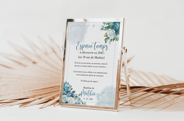 Affiche Jeu Capsule temps A4 Baptême Fleurs &amp; Blush bleu