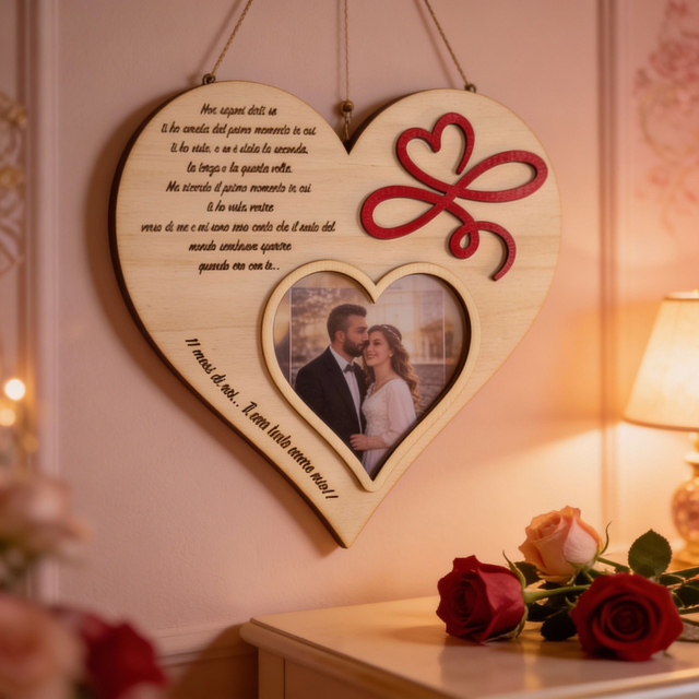 Cuore da appendere con con foto e frase incisa