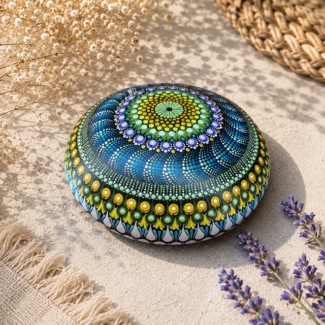 Pierre mandala XXL multicolore – 20 cm – Peinte à la main