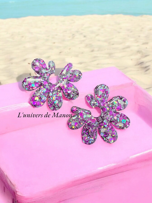 Boucles d&#039;oreilles &quot; Julia &quot;  en résine et paillettes pour femme, tendance