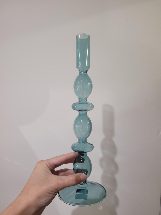 Tall glass candlestick holder - Teal - HE-039