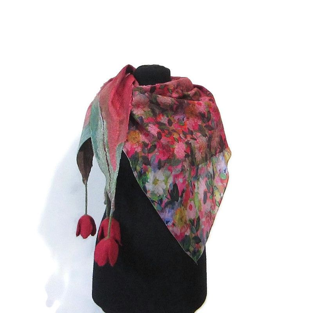 Scialle Bactus lana merino seta feltro Fatto a mano scialle Caldo infeltrimento fiori tulipani Sciarpa rosso donna Scialle Regalo unico