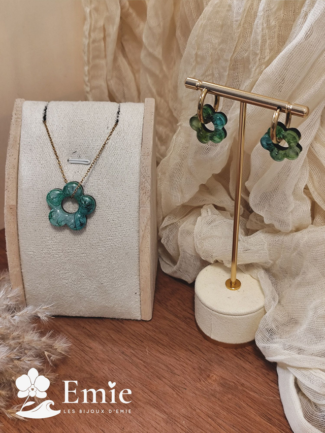 Parure duo - Émeraldine ✨ Nuances de vert - Résine Epoxy