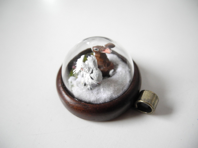 Mountain Hares - OOAK Biosphere Wood Jewelry - Clear glass globe with two delicate Mountain Hares inside– winter/spring inspired jewelry (1)