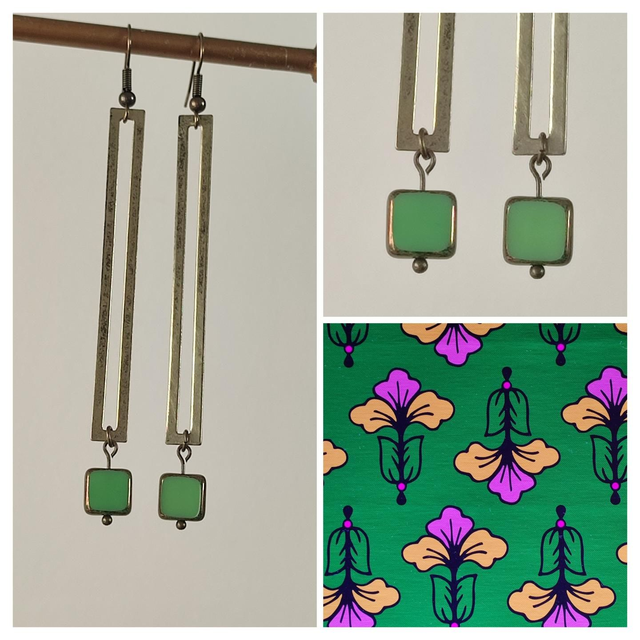 Z-Boucles d&#039;oreilles longues carré en verre vert, rectangle bronze, pièce unique - sans nickel 